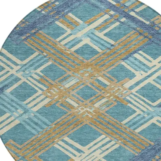 8' Teal Blue And Beige Round Geometric Washable Indoor Outdoor Area Rug Photo 3