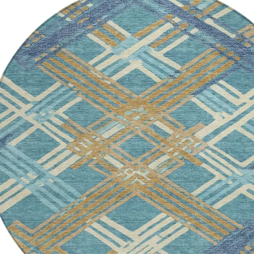 8' Teal Blue And Beige Round Geometric Washable Indoor Outdoor Area Rug Photo 3