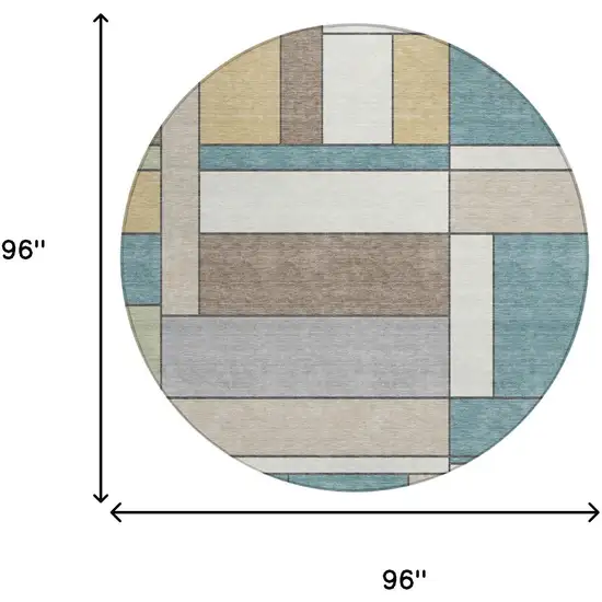 8' Teal Blue And Beige Round Geometric Washable Indoor Outdoor Area Rug Photo 5