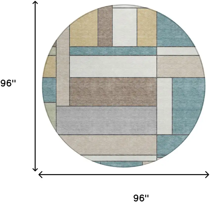 8' Teal Blue And Beige Round Geometric Washable Indoor Outdoor Area Rug Photo 5