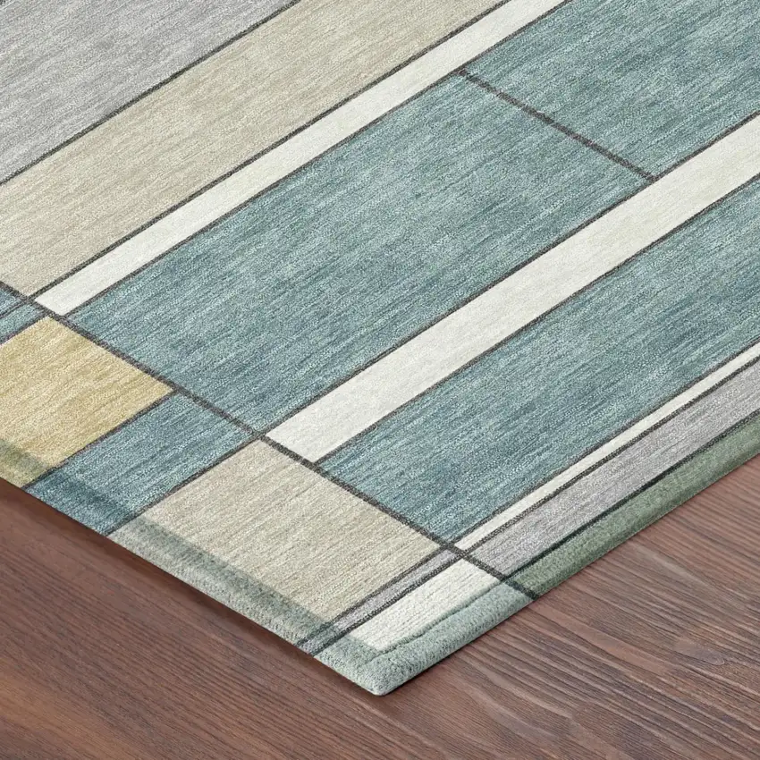 8' Teal Blue And Beige Round Geometric Washable Indoor Outdoor Area Rug Photo 3