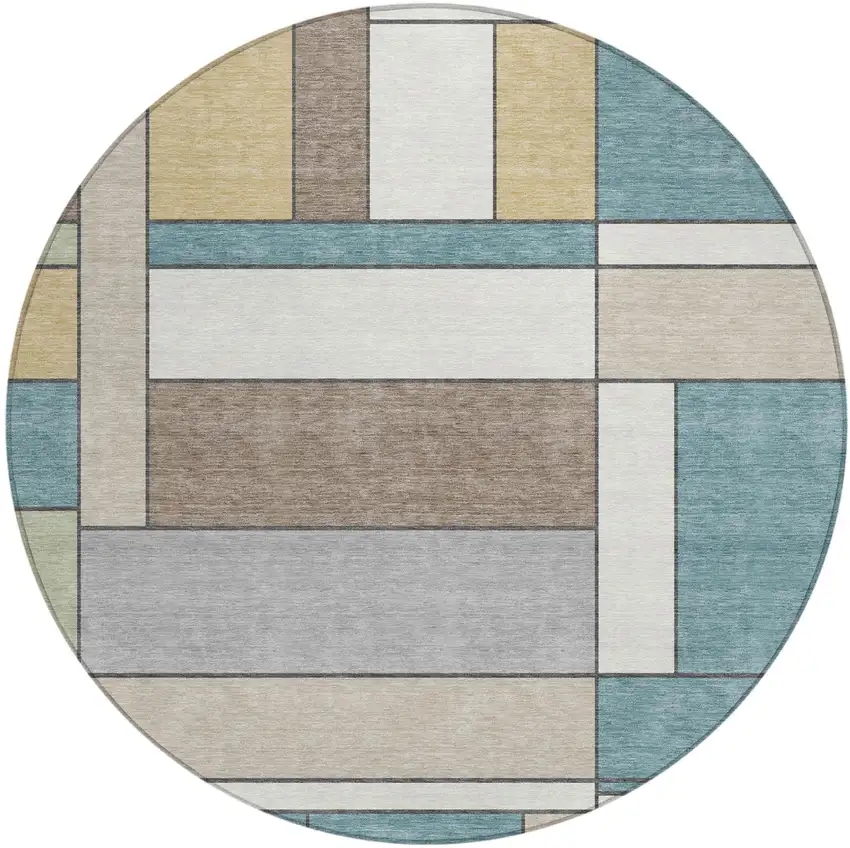 8' Teal Blue And Beige Round Geometric Washable Indoor Outdoor Area Rug Photo 2