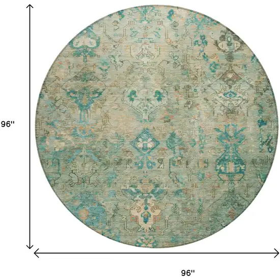 8' Teal Blue And Beige Round Medallion Washable Indoor Outdoor Area Rug Photo 3