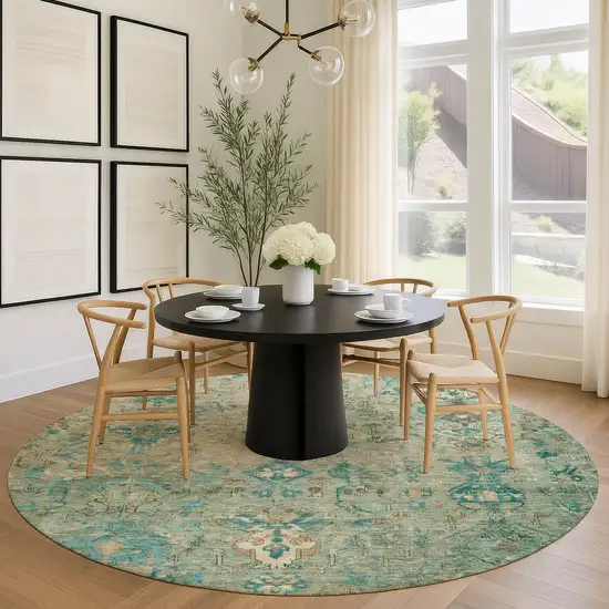 8' Teal Blue And Beige Round Medallion Washable Indoor Outdoor Area Rug Photo 9