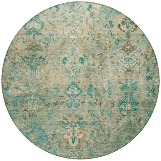 8' Teal Blue And Beige Round Medallion Washable Indoor Outdoor Area Rug Photo 4