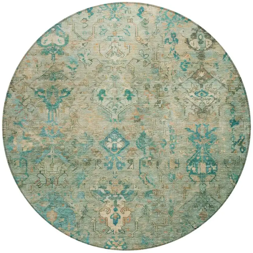 8' Teal Blue And Beige Round Medallion Washable Indoor Outdoor Area Rug Photo 4