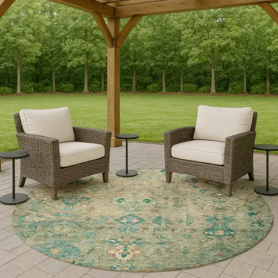 8' Teal Blue And Beige Round Medallion Washable Indoor Outdoor Area Rug Photo 8