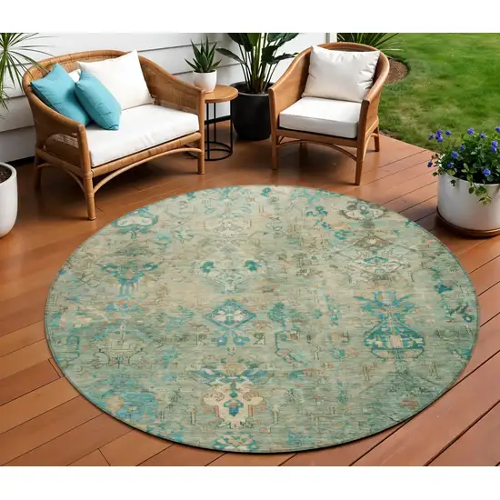 8' Teal Blue And Beige Round Medallion Washable Indoor Outdoor Area Rug Photo 1
