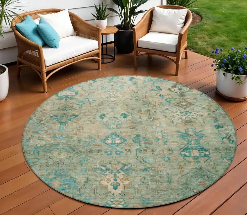 8' Teal Blue And Beige Round Medallion Washable Indoor Outdoor Area Rug Photo 1