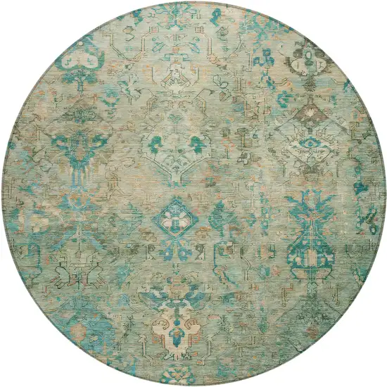 8' Teal Blue And Beige Round Medallion Washable Indoor Outdoor Area Rug Photo 2