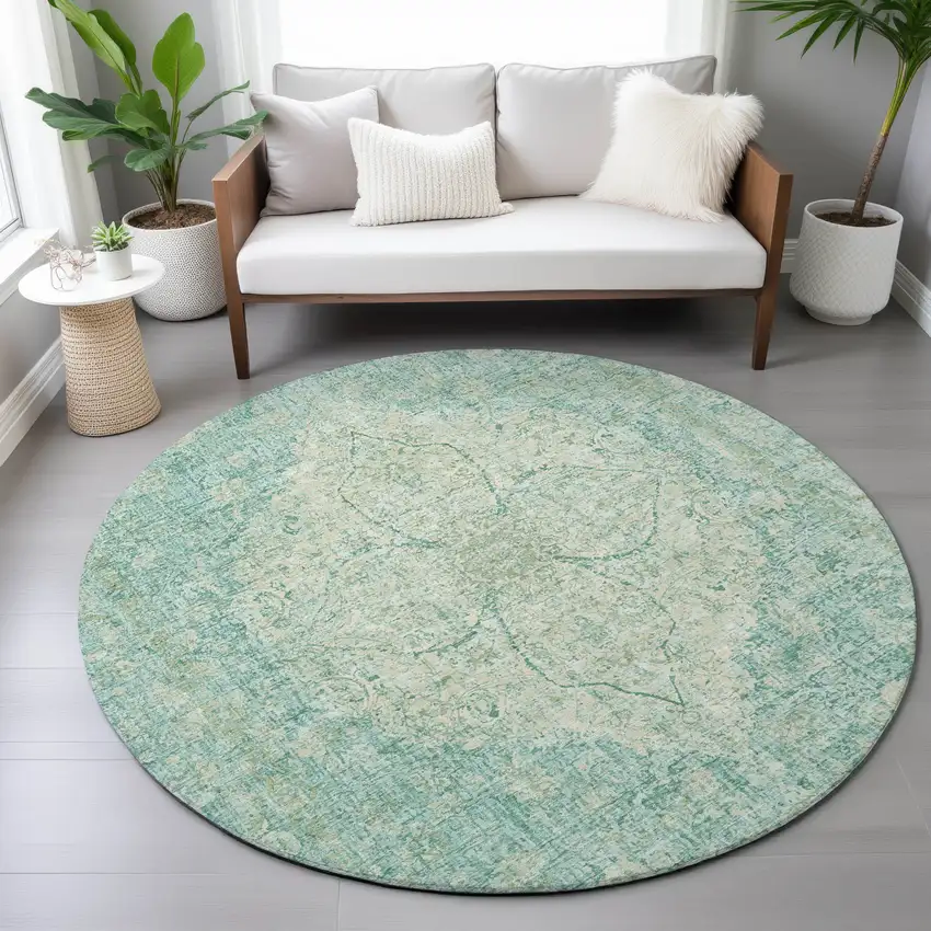 8' Teal Blue And Beige Round Oriental Washable Indoor Outdoor Area Rug Photo 7