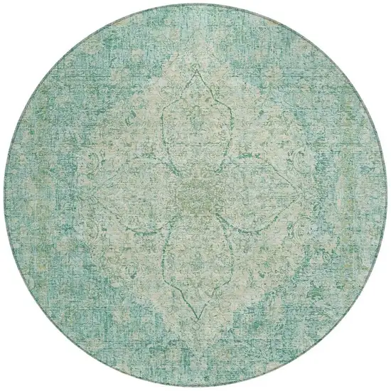 8' Teal Blue And Beige Round Oriental Washable Indoor Outdoor Area Rug Photo 3
