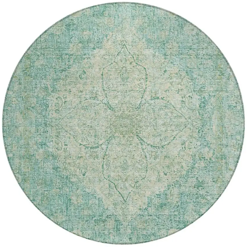 8' Teal Blue And Beige Round Oriental Washable Indoor Outdoor Area Rug Photo 3