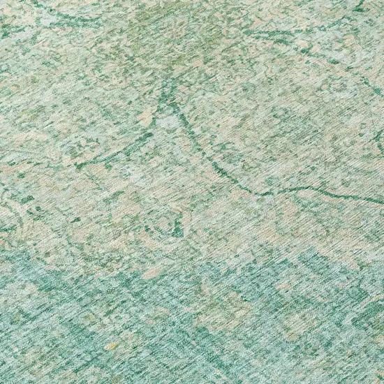 8' Teal Blue And Beige Round Oriental Washable Indoor Outdoor Area Rug Photo 9