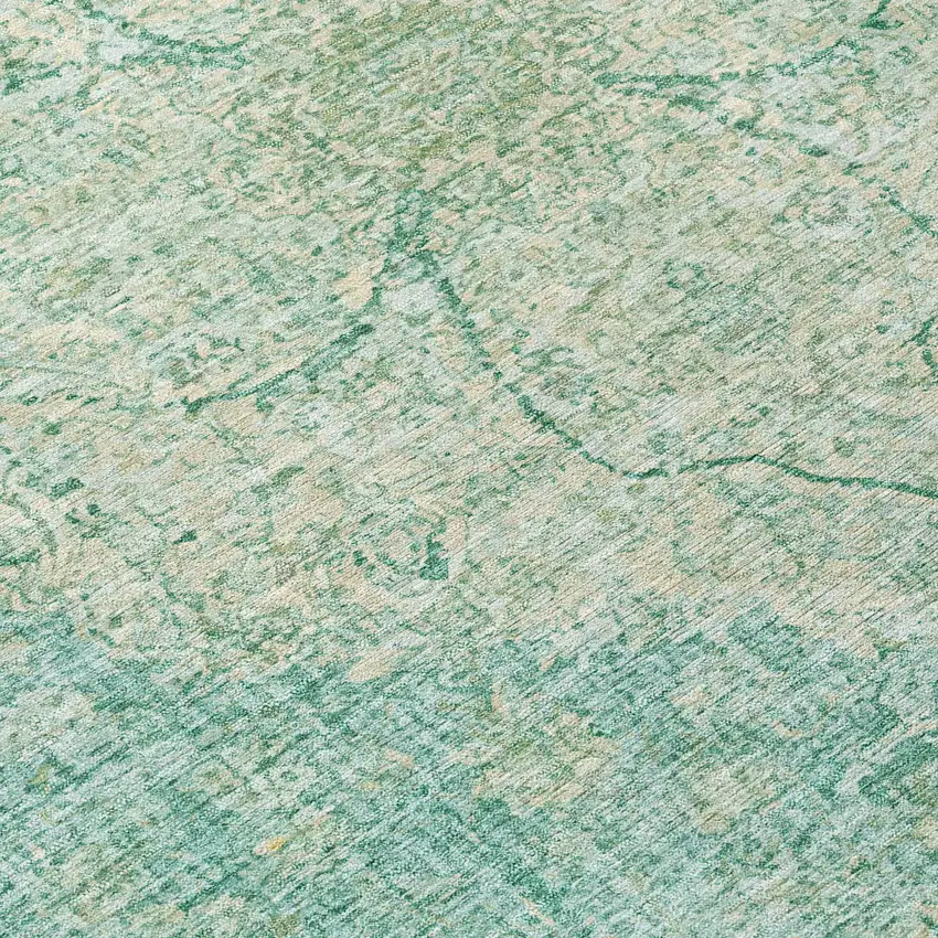 8' Teal Blue And Beige Round Oriental Washable Indoor Outdoor Area Rug Photo 9