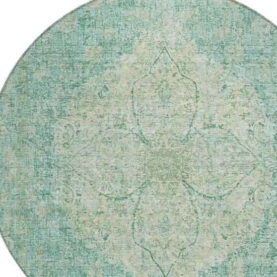 8' Teal Blue And Beige Round Oriental Washable Indoor Outdoor Area Rug Photo 5