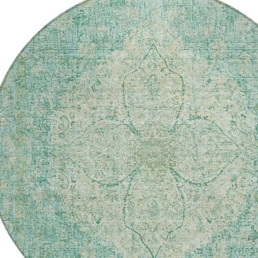 8' Teal Blue And Beige Round Oriental Washable Indoor Outdoor Area Rug Photo 5