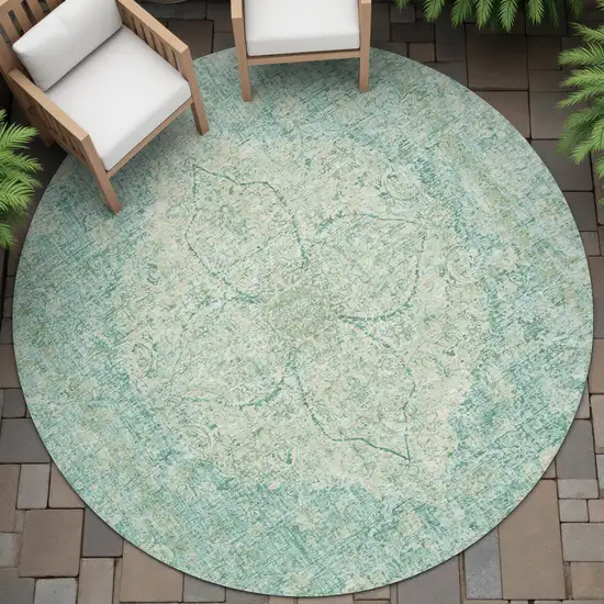 8' Teal Blue And Beige Round Oriental Washable Indoor Outdoor Area Rug Photo 6