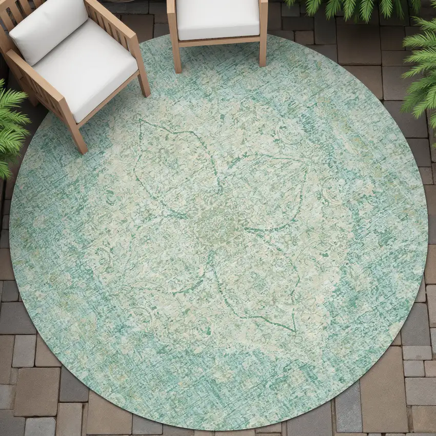 8' Teal Blue And Beige Round Oriental Washable Indoor Outdoor Area Rug Photo 6