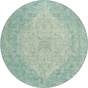 Photo of 8' Teal Blue And Beige Round Oriental Washable Indoor Outdoor Area Rug