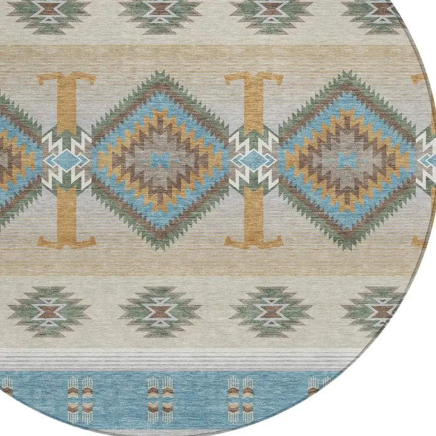 8' Teal Blue And Beige Round Southwestern Washable Indoor Outdoor Area Rug Photo 2
