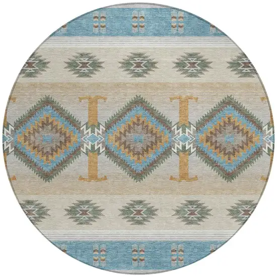 8' Teal Blue And Beige Round Southwestern Washable Indoor Outdoor Area Rug Photo 3