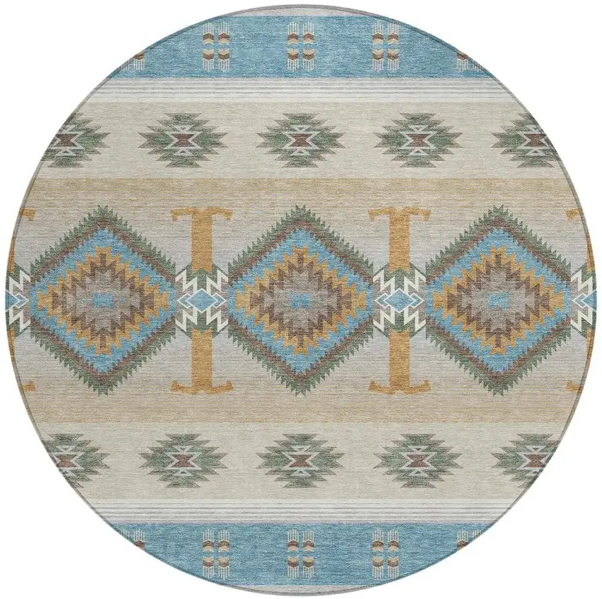 8' Teal Blue And Beige Round Southwestern Washable Indoor Outdoor Area Rug Photo 3