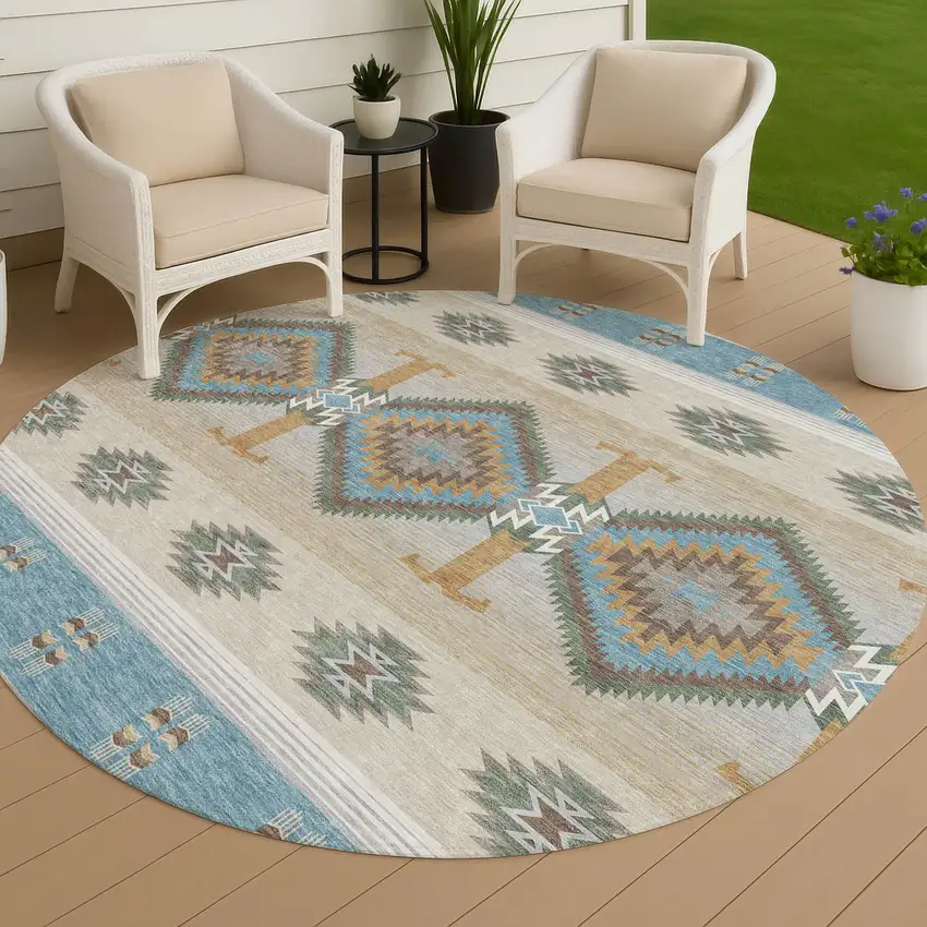 8' Teal Blue And Beige Round Southwestern Washable Indoor Outdoor Area Rug Photo 4