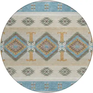 Photo of 8' Teal Blue And Beige Round Southwestern Washable Indoor Outdoor Area Rug