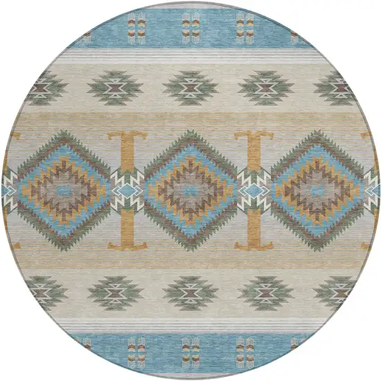8' Teal Blue And Beige Round Southwestern Washable Indoor Outdoor Area Rug Photo 1