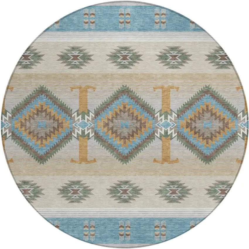 8' Teal Blue And Beige Round Southwestern Washable Indoor Outdoor Area Rug Photo 1