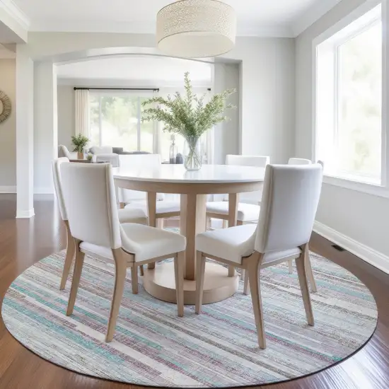 8' Teal Blue And Beige Round Striped Washable Indoor Outdoor Area Rug Photo 6