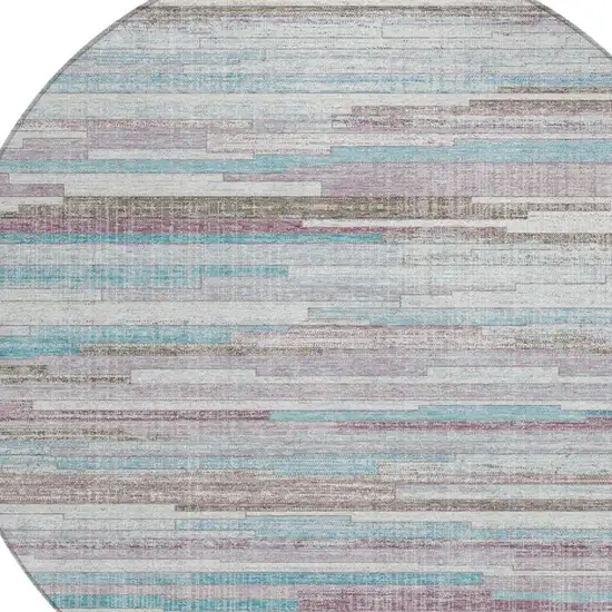 8' Teal Blue And Beige Round Striped Washable Indoor Outdoor Area Rug Photo 8
