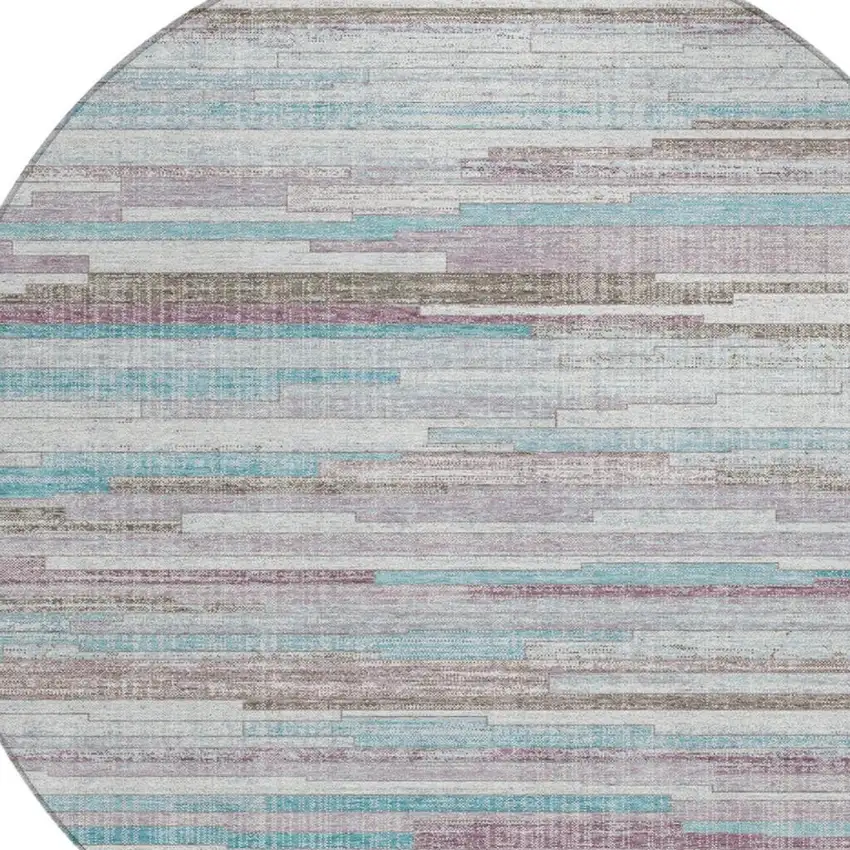 8' Teal Blue And Beige Round Striped Washable Indoor Outdoor Area Rug Photo 8