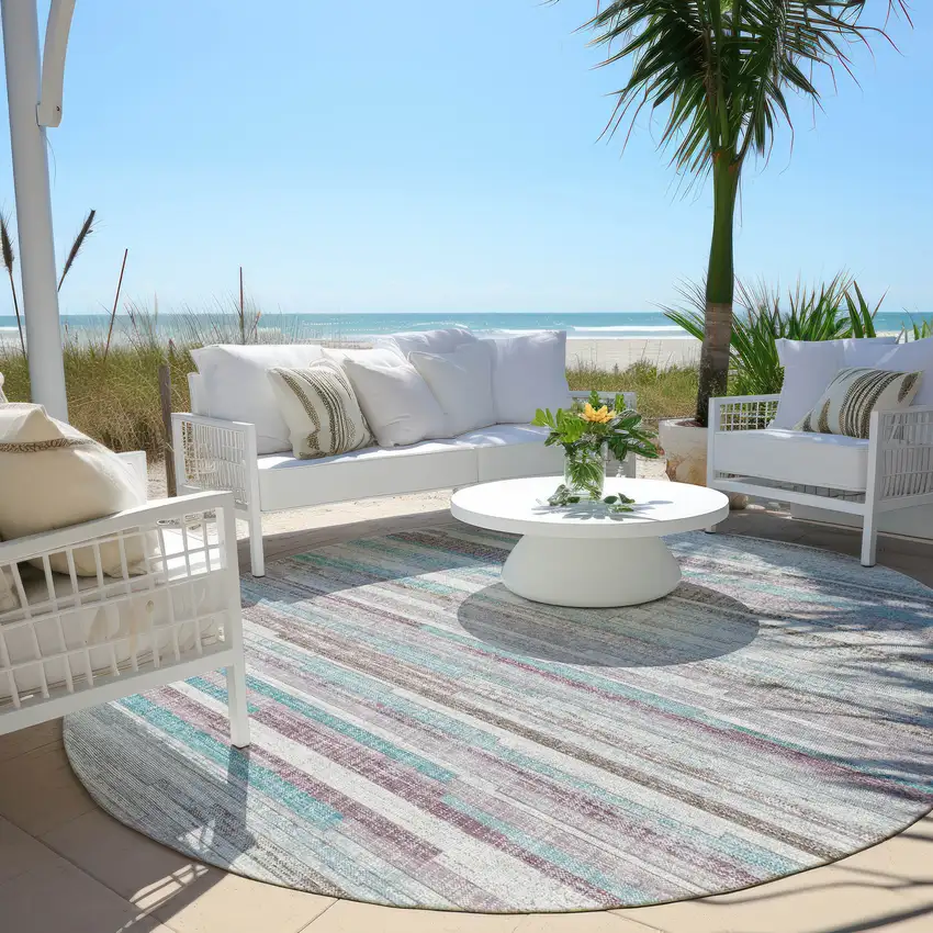 8' Teal Blue And Beige Round Striped Washable Indoor Outdoor Area Rug Photo 5