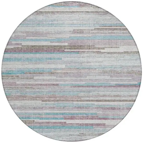 8' Teal Blue And Beige Round Striped Washable Indoor Outdoor Area Rug Photo 3