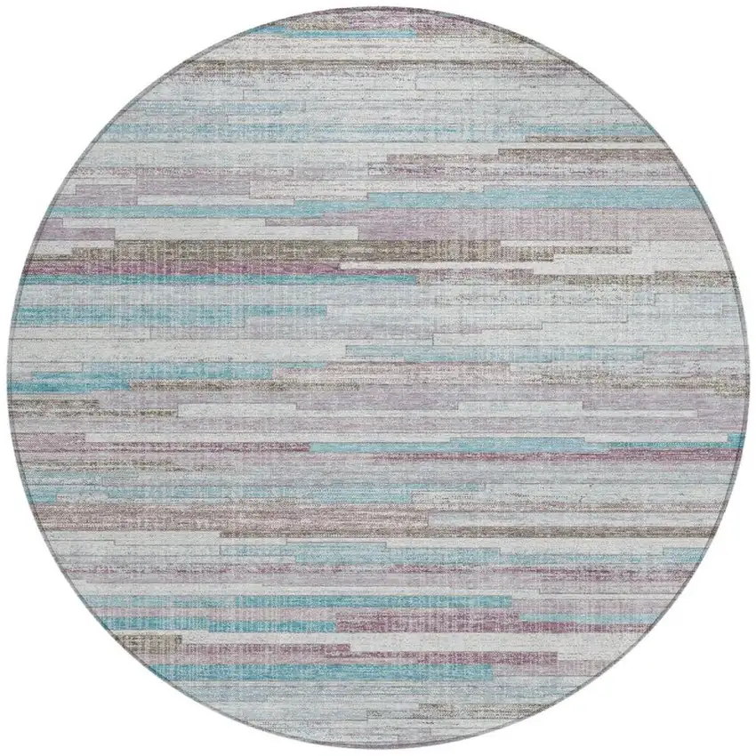 8' Teal Blue And Beige Round Striped Washable Indoor Outdoor Area Rug Photo 3