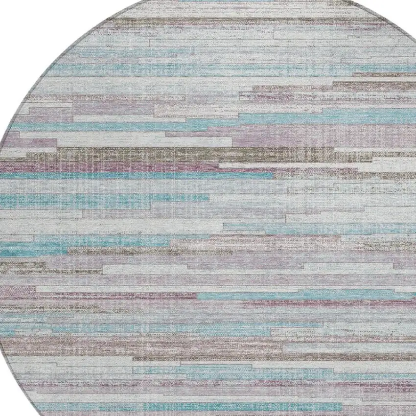 8' Teal Blue And Beige Round Striped Washable Indoor Outdoor Area Rug Photo 4