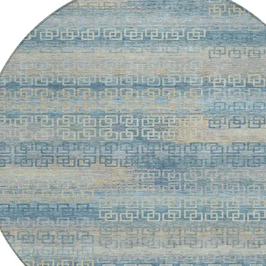8' Teal Blue And Beige Round Striped Washable Indoor Outdoor Area Rug Photo 4
