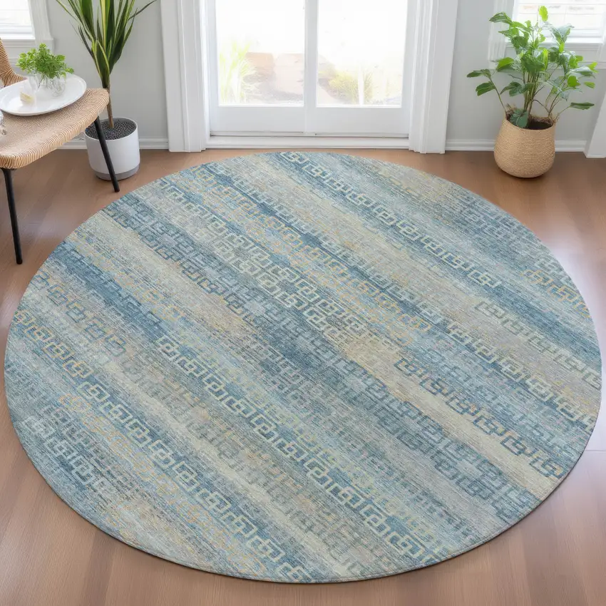 8' Teal Blue And Beige Round Striped Washable Indoor Outdoor Area Rug Photo 5