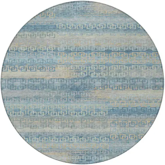 8' Teal Blue And Beige Round Striped Washable Indoor Outdoor Area Rug Photo 3