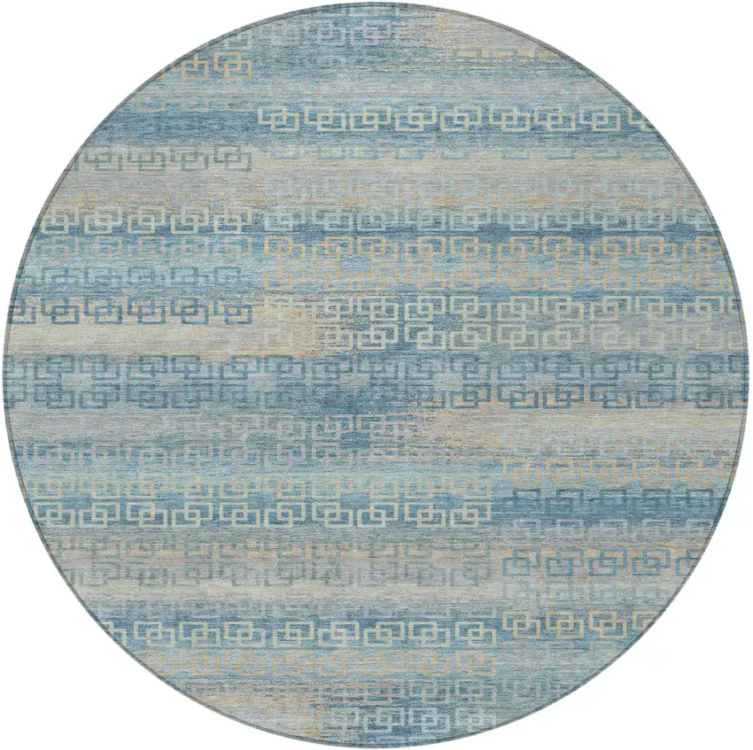 8' Teal Blue And Beige Round Striped Washable Indoor Outdoor Area Rug Photo 3