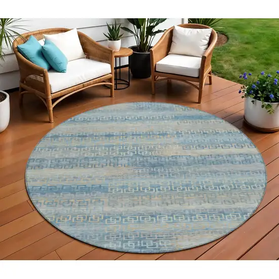 8' Teal Blue And Beige Round Striped Washable Indoor Outdoor Area Rug Photo 2