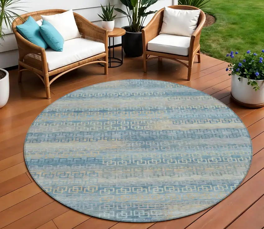 8' Teal Blue And Beige Round Striped Washable Indoor Outdoor Area Rug Photo 2