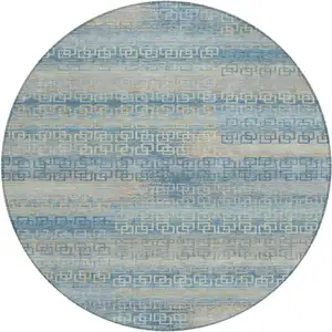 Photo of 8' Teal Blue And Beige Round Striped Washable Indoor Outdoor Area Rug