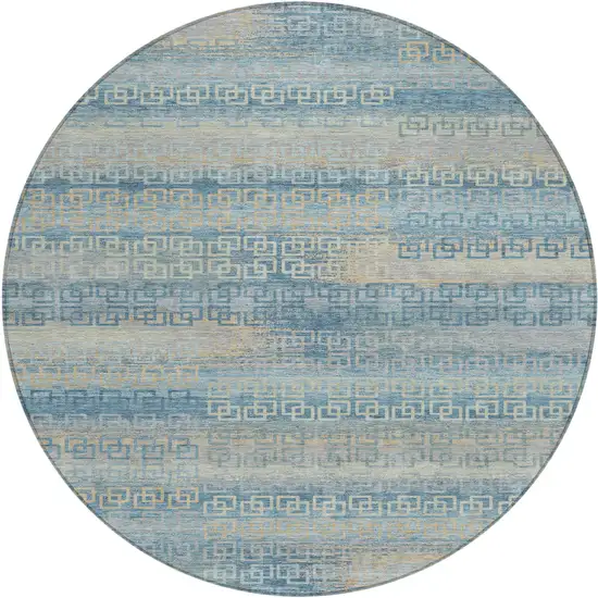 8' Teal Blue And Beige Round Striped Washable Indoor Outdoor Area Rug Photo 1