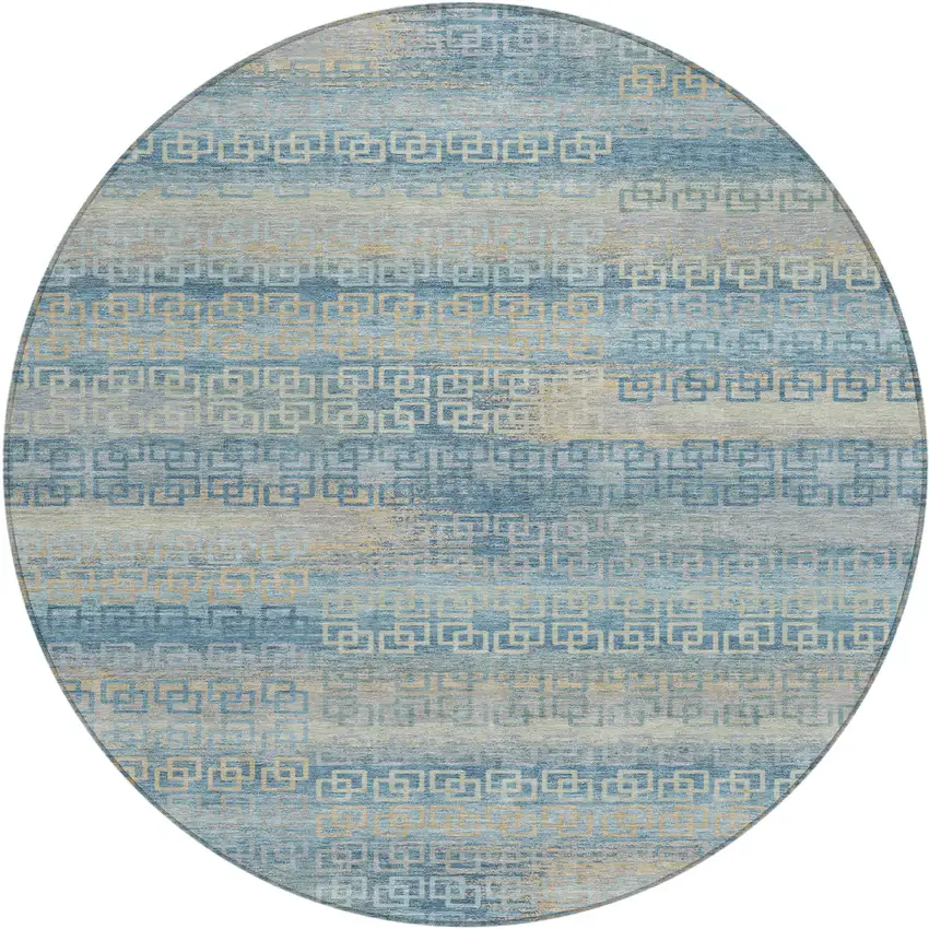 8' Teal Blue And Beige Round Striped Washable Indoor Outdoor Area Rug Photo 1
