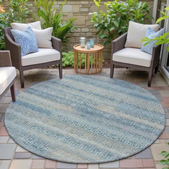 8' Teal Blue And Beige Round Striped Washable Indoor Outdoor Area Rug Photo 6