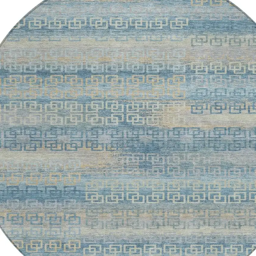 8' Teal Blue And Beige Round Striped Washable Indoor Outdoor Area Rug Photo 8