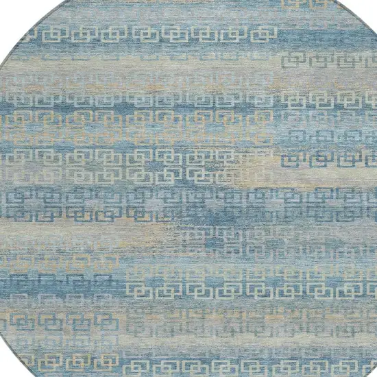 8' Teal Blue And Beige Round Striped Washable Indoor Outdoor Area Rug Photo 8